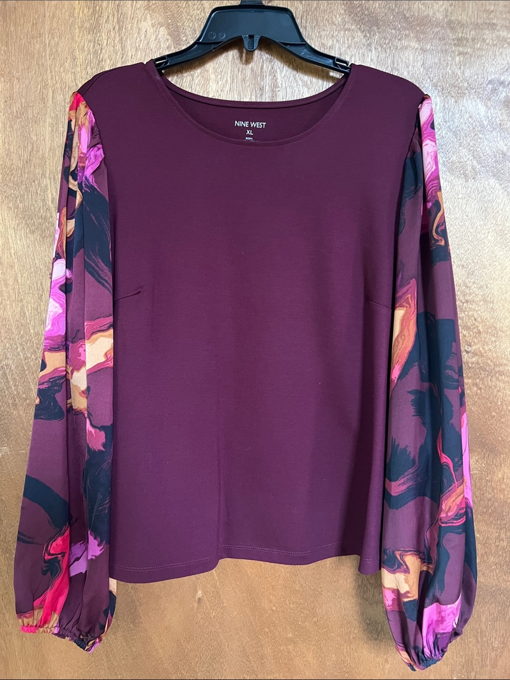 Nine West Maroon Knit Blouse with Printed Balloon Sleeves